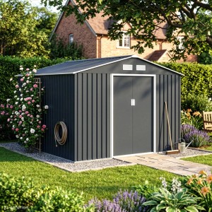 Hattoro S250 Metall Gerätehaus 277x259x193cm BxTxH Mit Bodenrahmen Satteldach Dunkelgrau