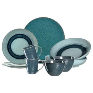 Leonardo Matera 10-teiliges blaues Geschirrset aus Steingut mit handaufgetragener Effekt-Glasur. Teller, Schalen, Becher.