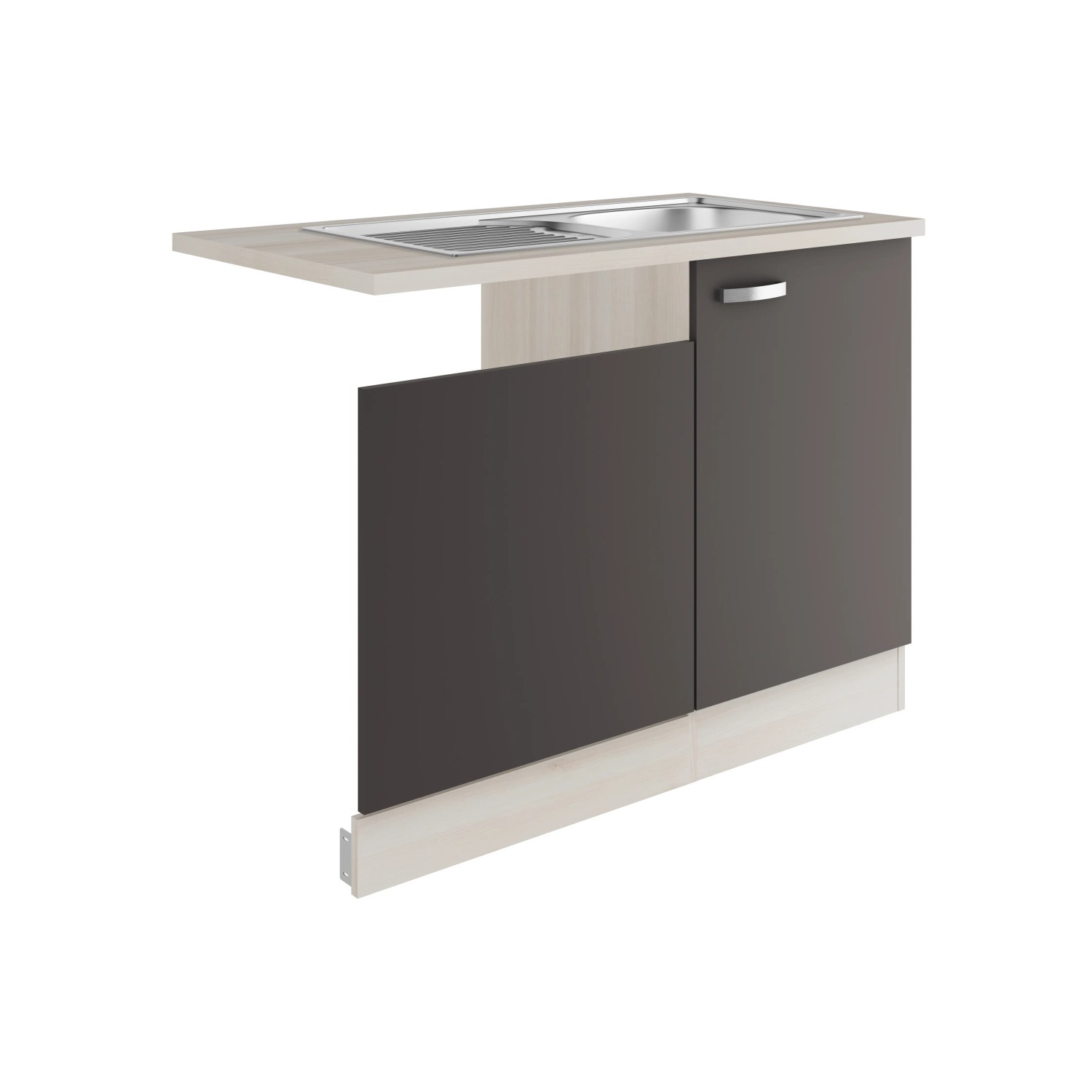OPTIFIT Faro220 Spülenunterschrank in Anthrazit mit Edelstahlspüle und Arbeitsplatte in Akazie Nachbildung.