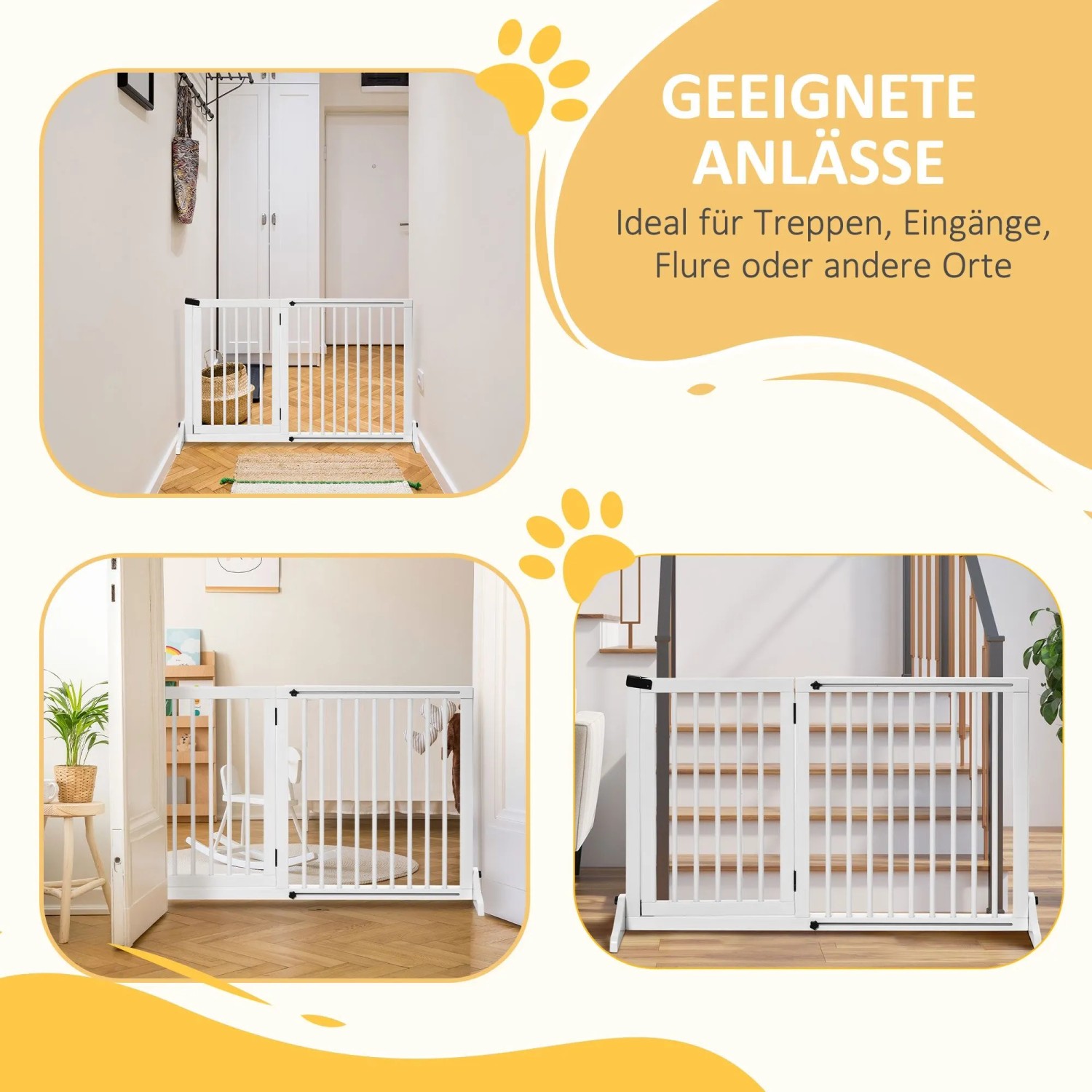 Weißes, verstellbares PawHut Absperrgitter aus Holz für Hunde, eingesetzt in Flur, Tür und Treppe.