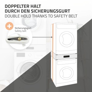 ML-Design Waschmaschinen Verbindungsrahmen mit Schublade und Spanngurt für sicheren Halt.