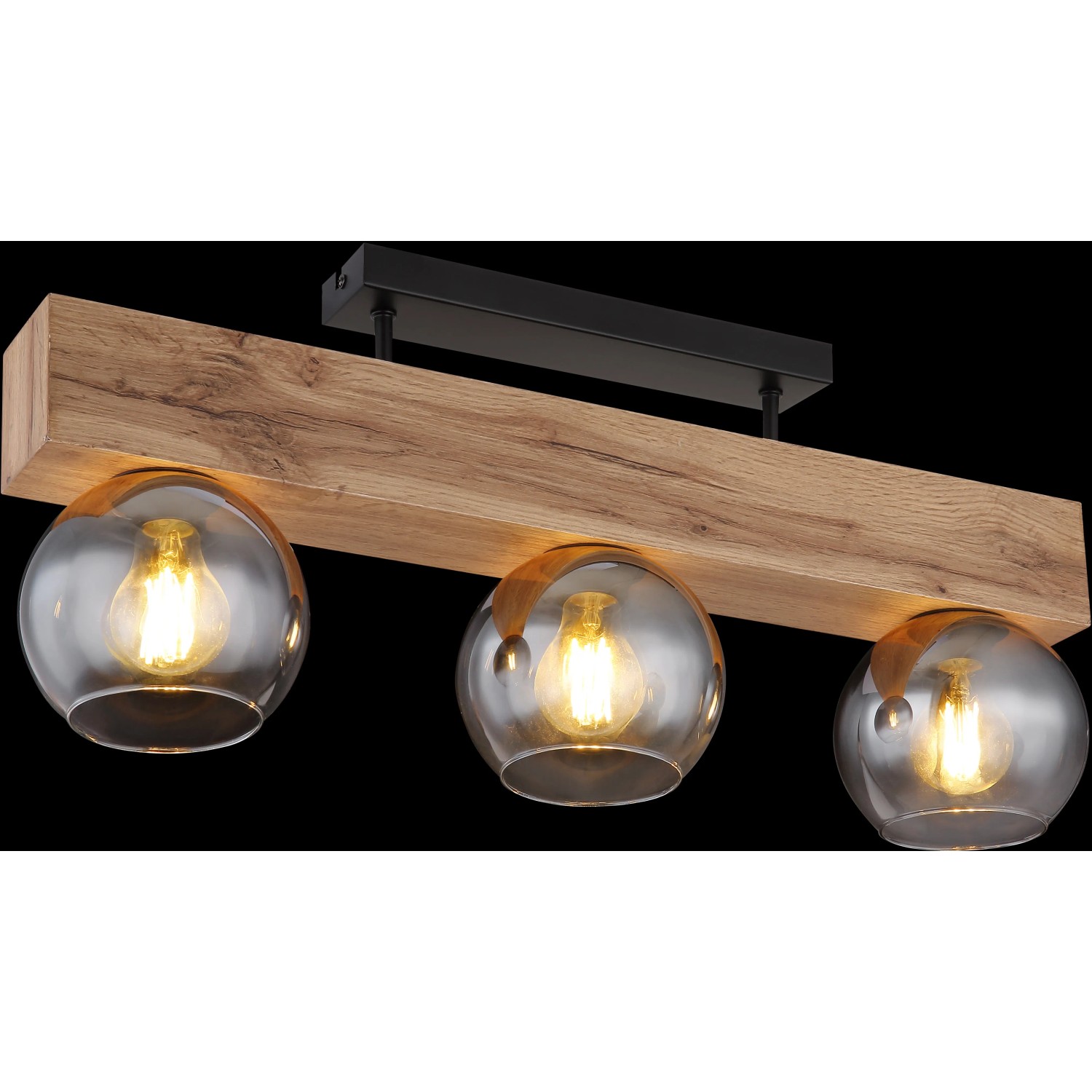 Globo Deckenleuchte Moitas, 3-flammig, schwarz matt, Rauchglas, Holzoptik, 650 mm breit.