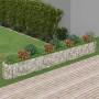 Langes Gabionen-Hochbeet aus verzinktem Eisen, befüllt mit Steinen und bepflanzt mit Blumen und Büschen.