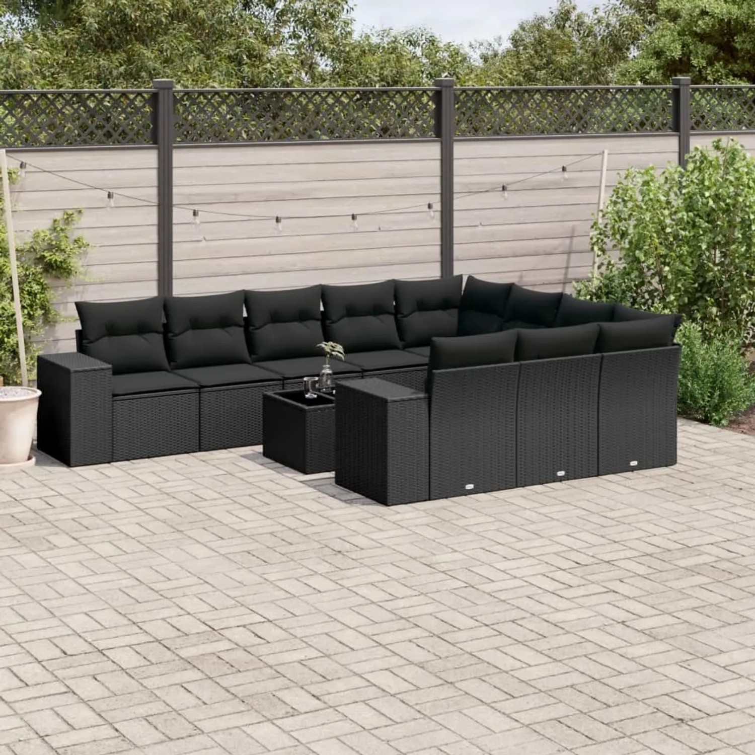 Schwarze 11-tlg. vidaXL Garten-Sofagarnitur aus Poly Rattan mit Kissen. Gartenmöbel für Terrasse und Garten.