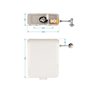 Calmwaters Aufputz-Spülkasten, weiß, mit Maßen und Details zur 2-Mengen-Spülung.