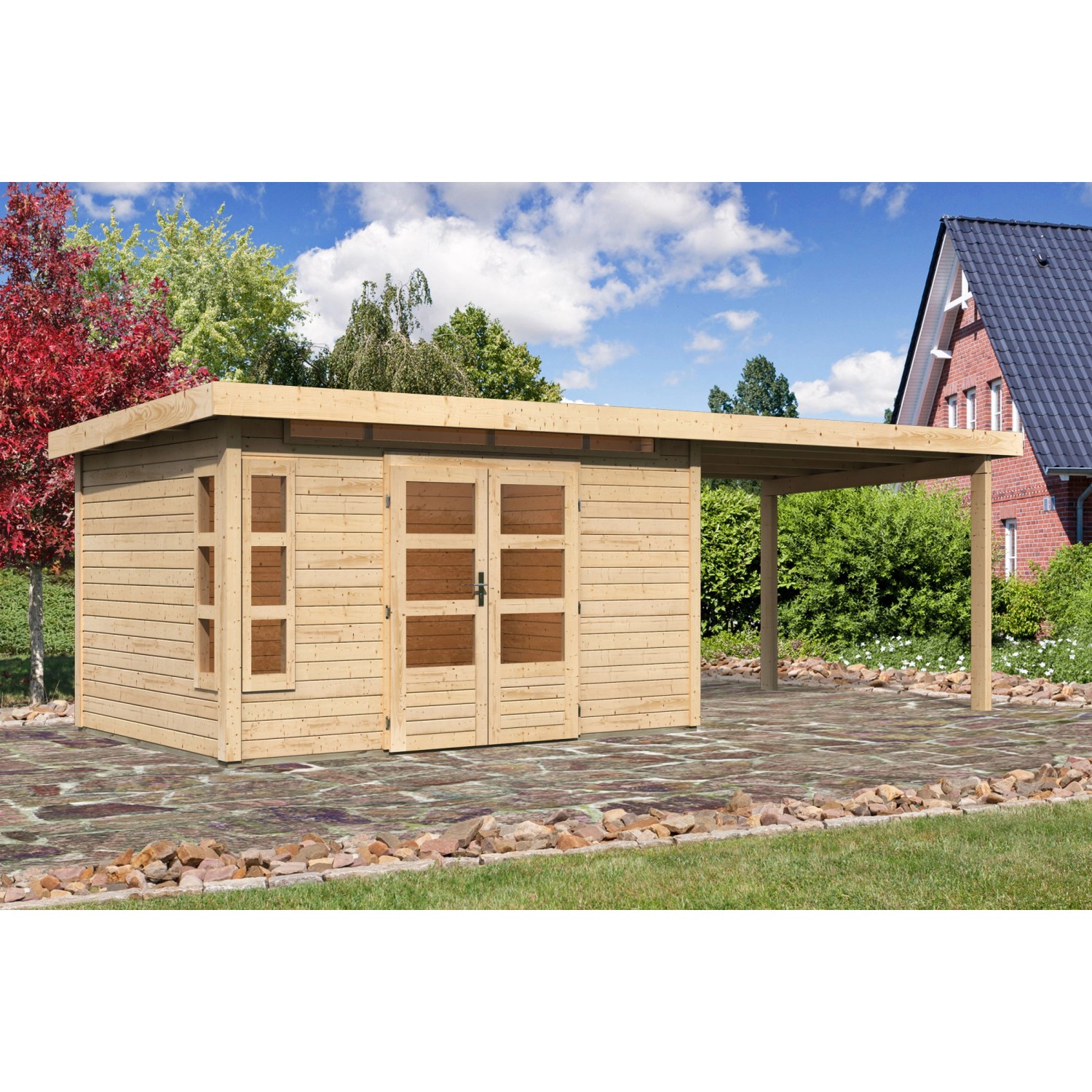 Karibu Holz-Gartenhaus/Gerätehaus Kastberg Naturbelassen Flachdach 360 cm x 240 cm
