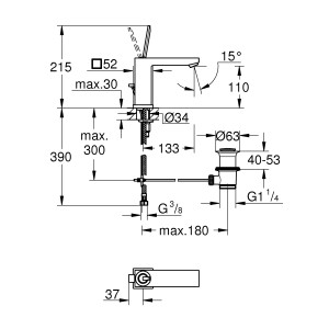 Technische Zeichnung: Grohe Eurocube Joy Waschtischarmatur M-Size, Maße und Details zur Installation.