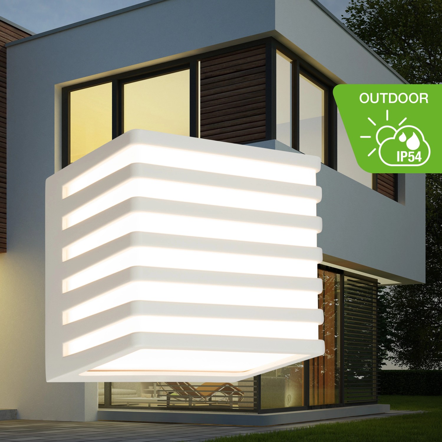 Telefunken LED-Outdoor-Wandleuchte, hellgrau, IP54, an Hauswand.