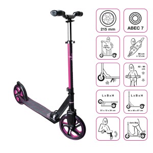Muuwmi Tretroller Pro, pink. Scooter mit 215 mm Rollen, ABEC 7 Kugellager, höhenverstellbar.