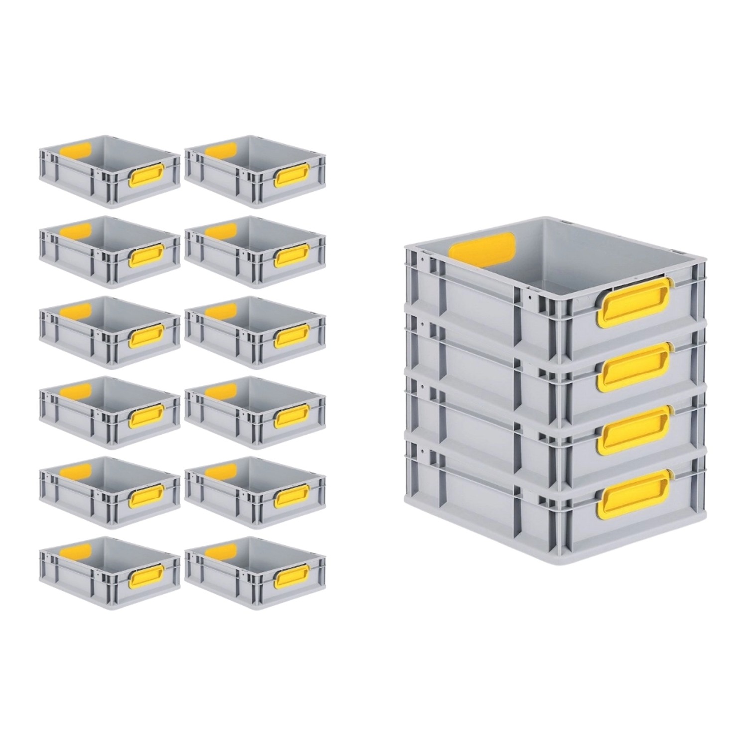PROREGAL Spar Set: 16 graue Euroboxen mit gelben Griffen, 11 Liter, für Lagerung und Transport.