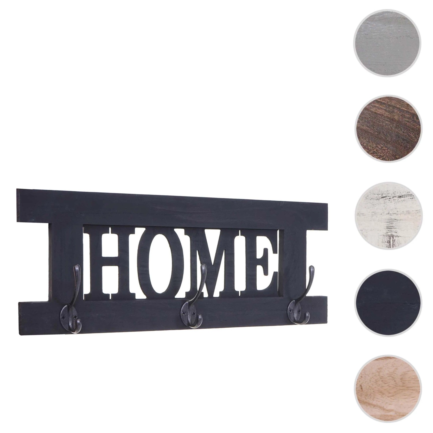 Dunkelgraue MCW Wandgarderobe im Shabby-Look mit HOME Schriftzug und 3 Doppelhaken.