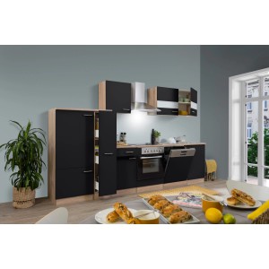 Respekta Küchenzeile KB310ESSC in Schwarz und Eiche Sägerau Nachbildung, 310 cm breit.