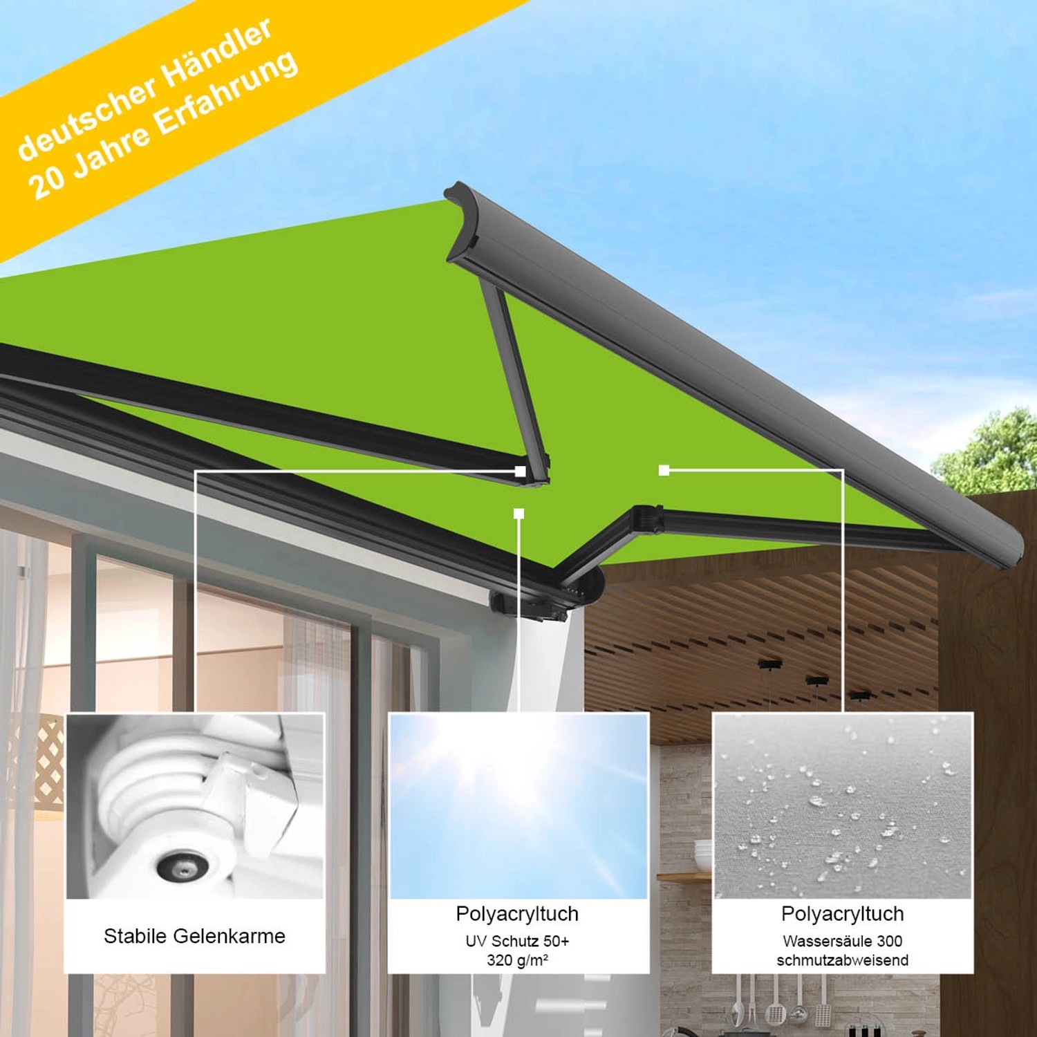 Elektrische Kassettenmarkise, 2,0x1,5m, grau-weißes Tuch. Vollkassettenmarkise für Terrasse und Balkon.