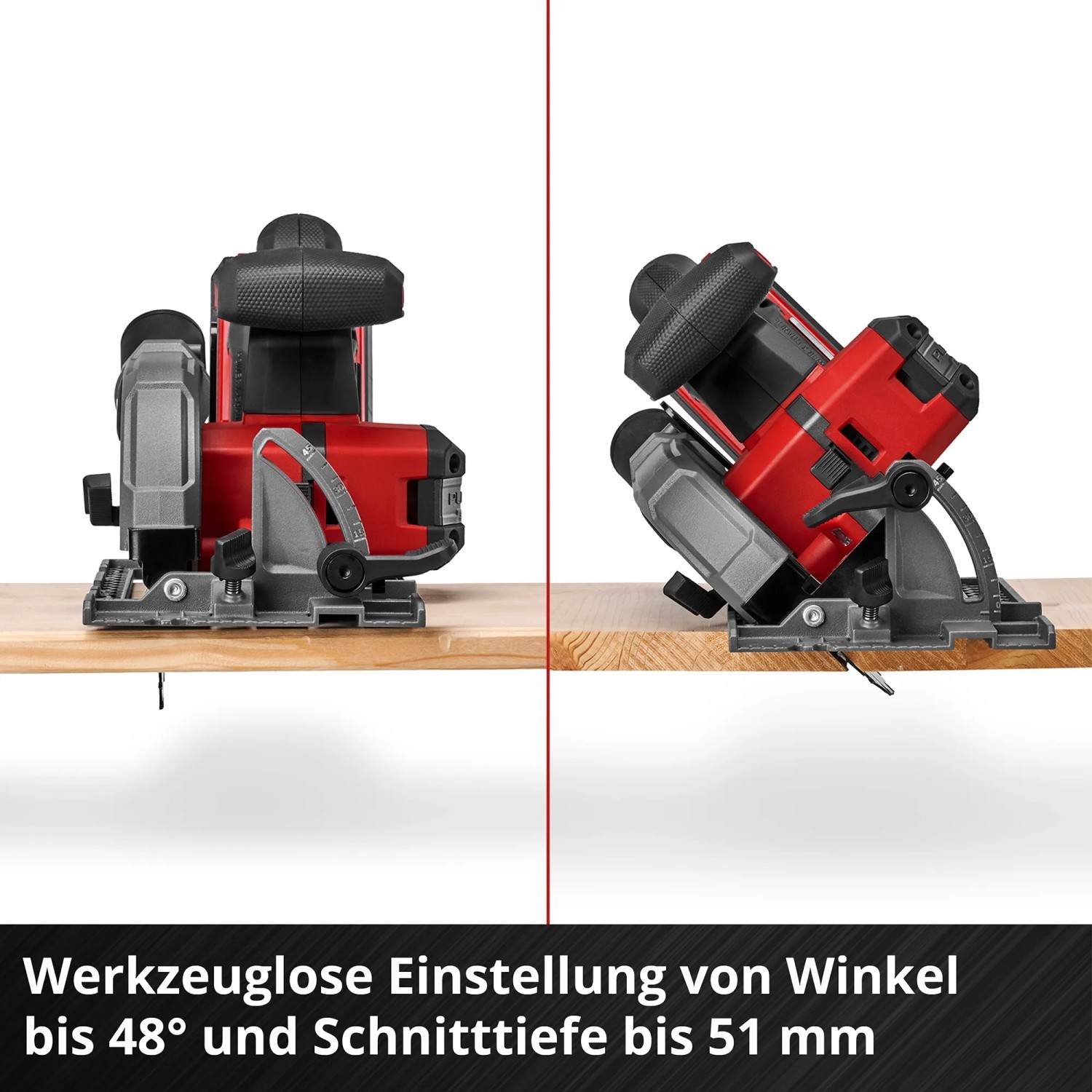 Einhell Akku-Handkreissäge TP-CS 18/136-C Li BL, rote Akku-Kreissäge beim Holzsägen in zwei Perspektiven.