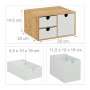 Relaxdays Schubladenbox aus Bambus und MDF, weiß/natur, mit 3 Schubladen und Maßangaben.