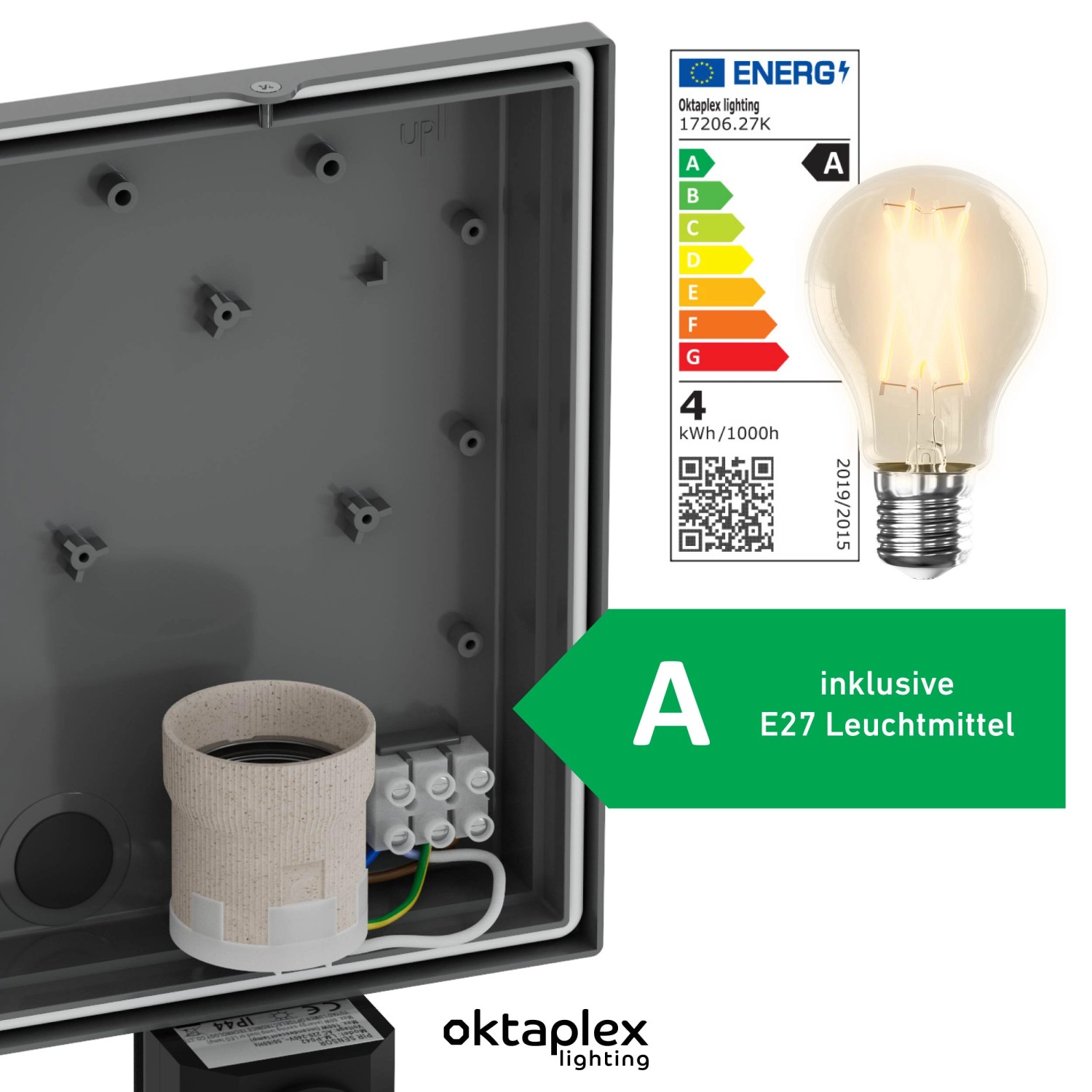 Oktaplex Alto Außenlampe mit E27 LED Leuchtmittel und Bewegungsmelder, Gehäuse Anthrazit.