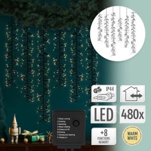 LED Lichtervorhang mit 480 warmweißen LEDs für stimmungsvolle Weihnachtsbeleuchtung.