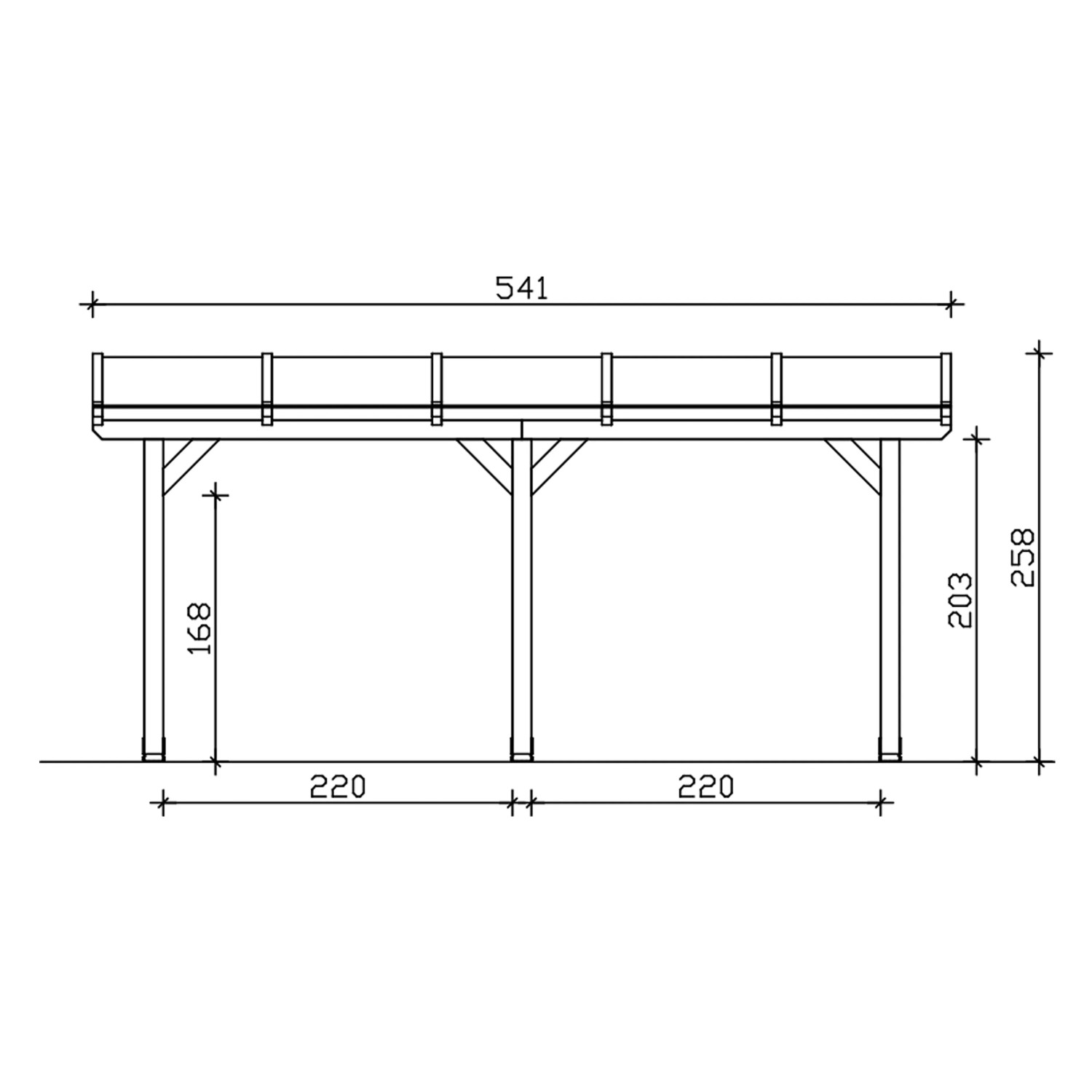Technische Zeichnung der Skan Holz Terrassenüberdachung Andria 541x250 cm mit Maßangaben.