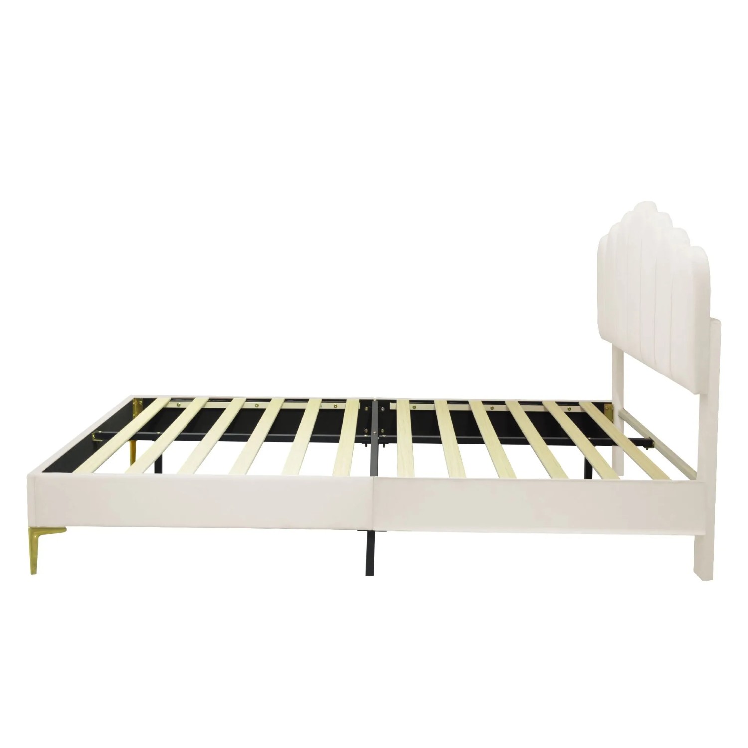 KOMHTOM Gepolstertes Doppelbett 140 x 200 Cm  Bettgestell Mit Kopfteil Und Lattenrost  Samtbezug  Beige
