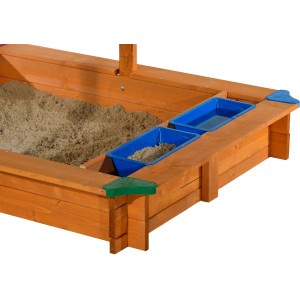 Gaspo Sandkasten Lea mit Dach, 137x105 cm, aus Holz mit blauen Matschwannen und farbigen Ecken.