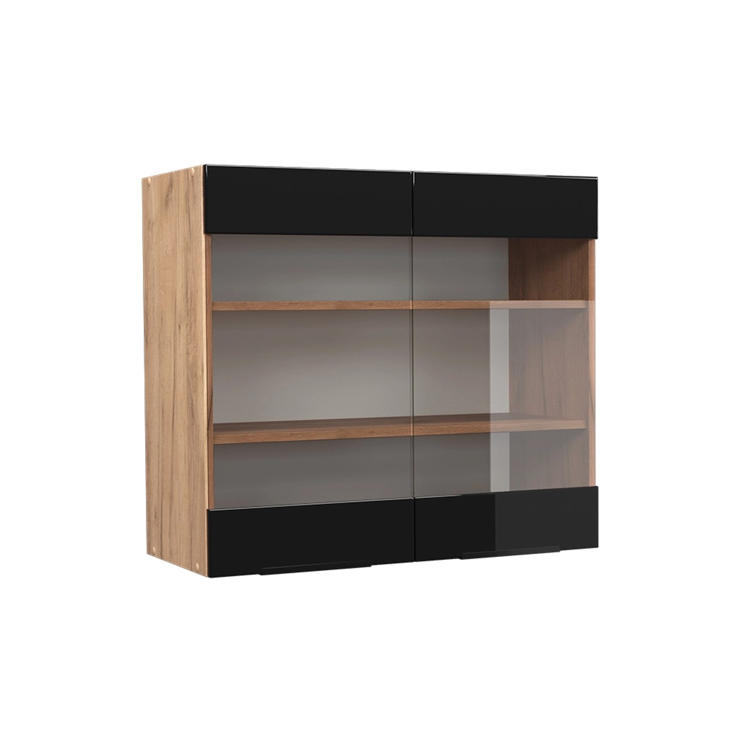 Vicco Küchenglasschrank Fame-Line Schwarz-Eiche Hochglanz/Goldkraft Eiche 80 cm