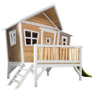 Axi Emma Spielhaus aus Holz in Braun-Weiß mit lindgrüner Rutsche. Einzigartiges Design für Kinder.