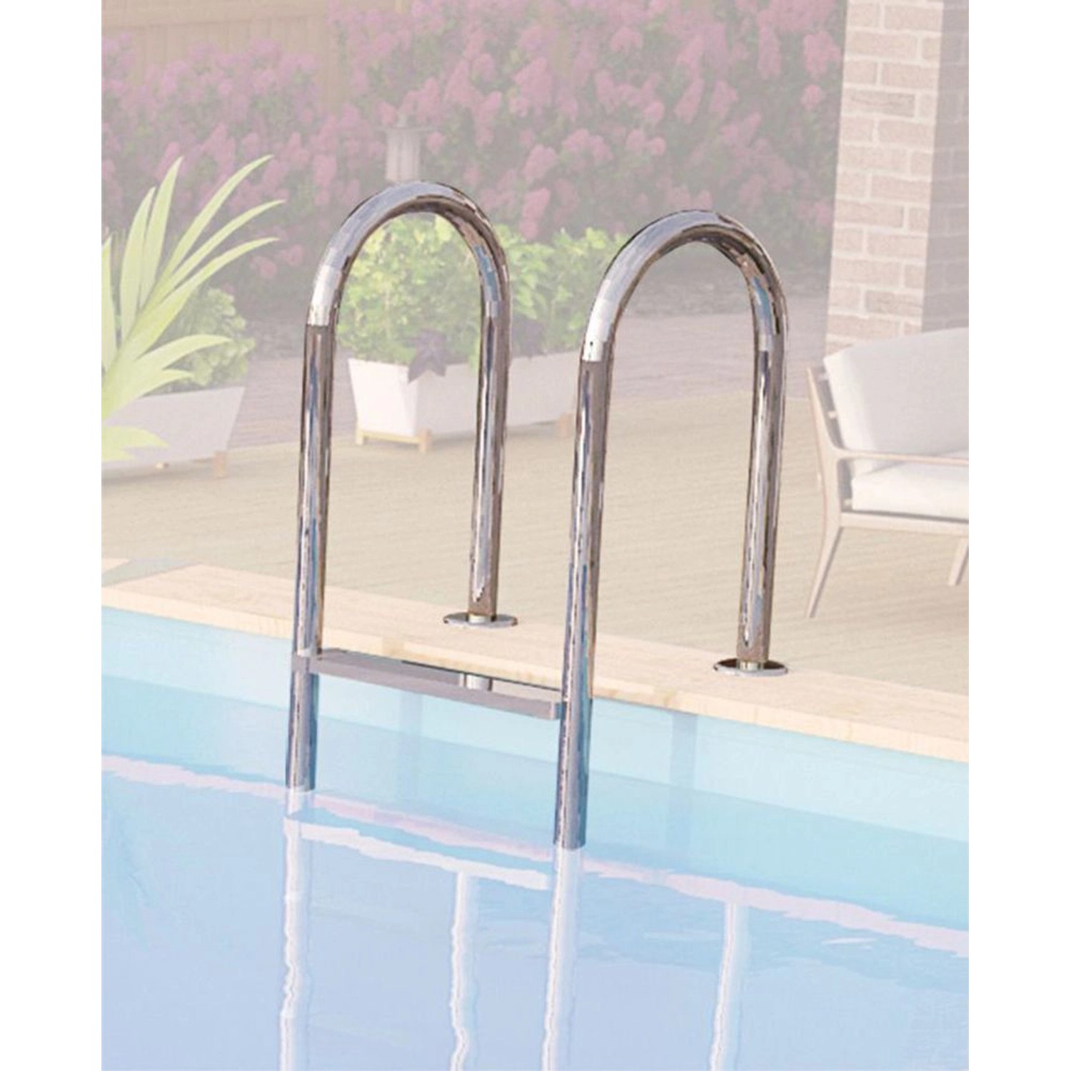 Edelstahl Einhängeleiter für Karibu Pool. Zubehör für Holzpool mit Sonnenterrasse.