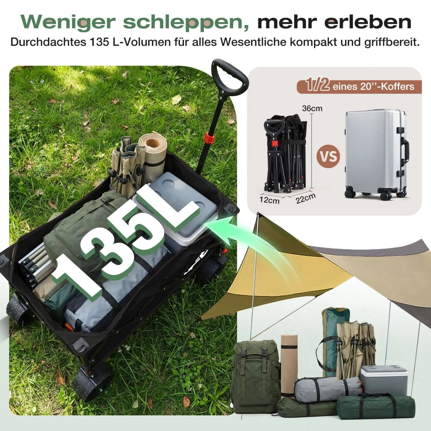 Sekey Campingwagen, faltbarer Bollerwagen mit 135L Volumen, beladen mit Campingausrüstung.
