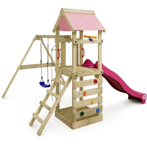 Wickey Spielturm FreeFlyer mit Rutsche und Schaukel in Pastellpink. Klettergerüst aus Holz mit Sandkasten.