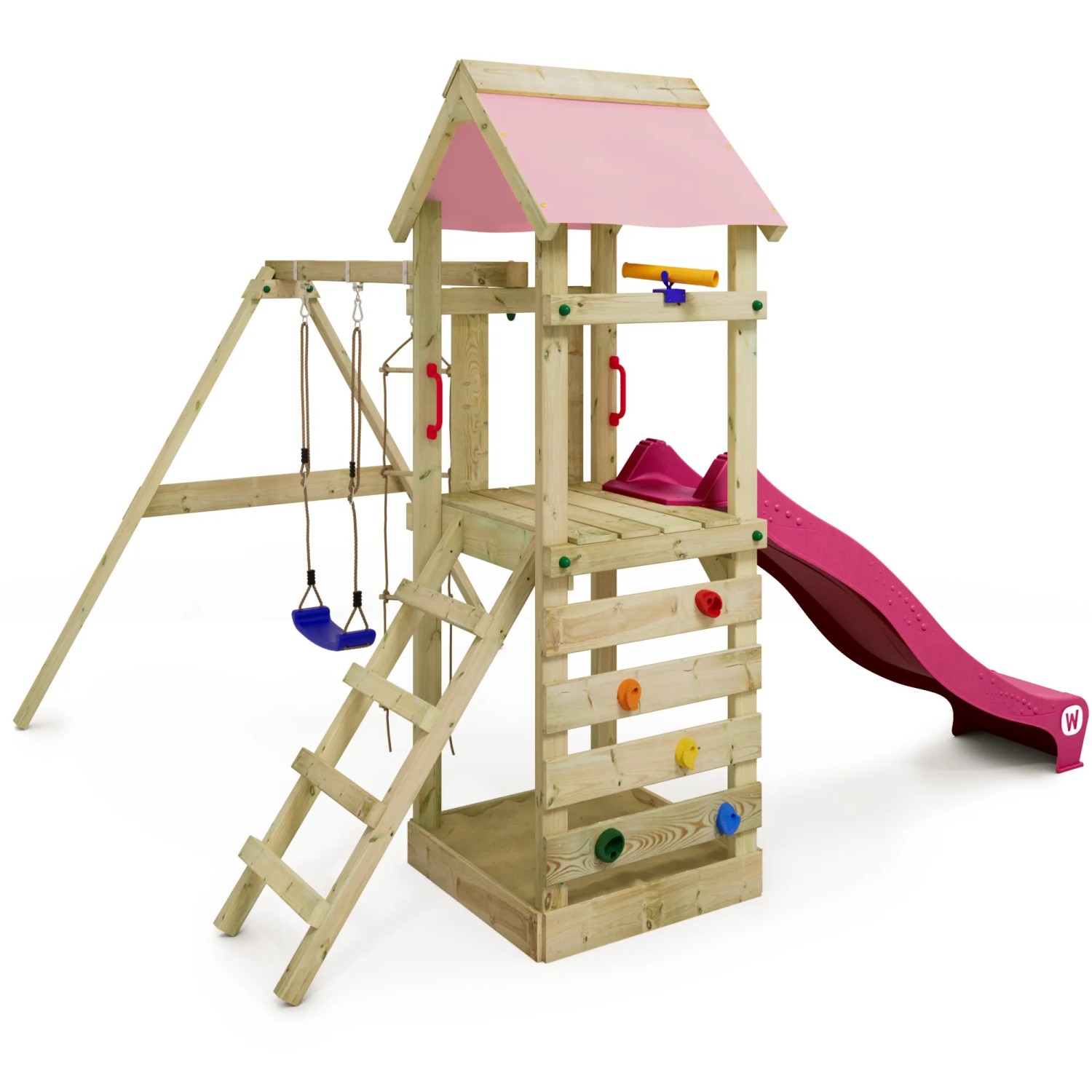 Wickey Spielturm FreeFlyer mit Rutsche und Schaukel in Pastellpink. Klettergerüst aus Holz mit Sandkasten.
