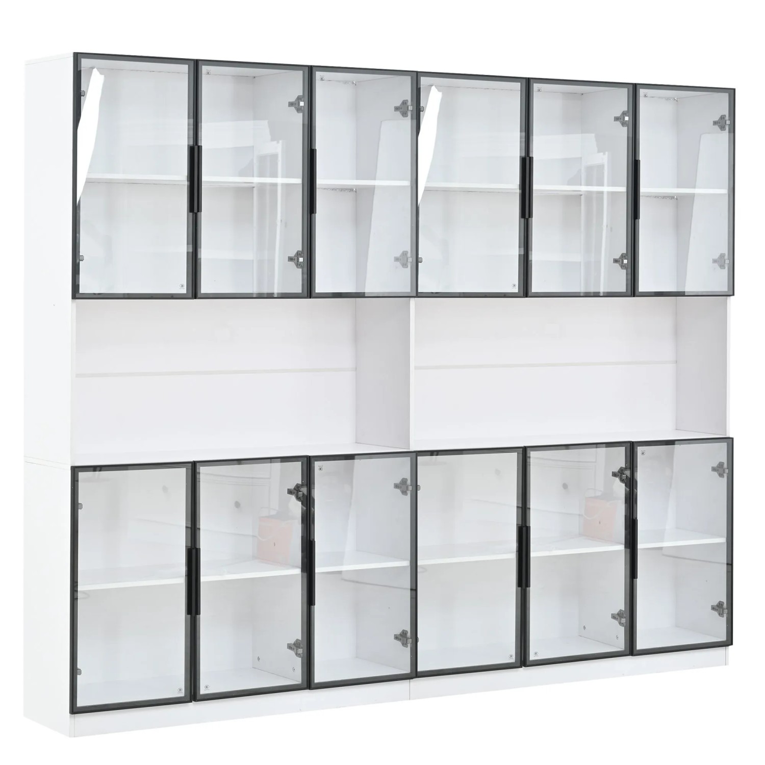 okwish Vitrine mit LED Beleuchtung Schranktüren Stauraum Wohnzimmer 240x34x200cm Weiß