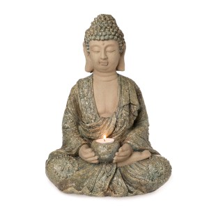 Sitzender Buddha, 27x17x37,5 cm, grau, mit Teelicht in den Händen, Gartendeko.
