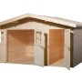 Unbehandeltes Weka Holz-Gartenhaus Lago mit Satteldach und geöffneten Türen.