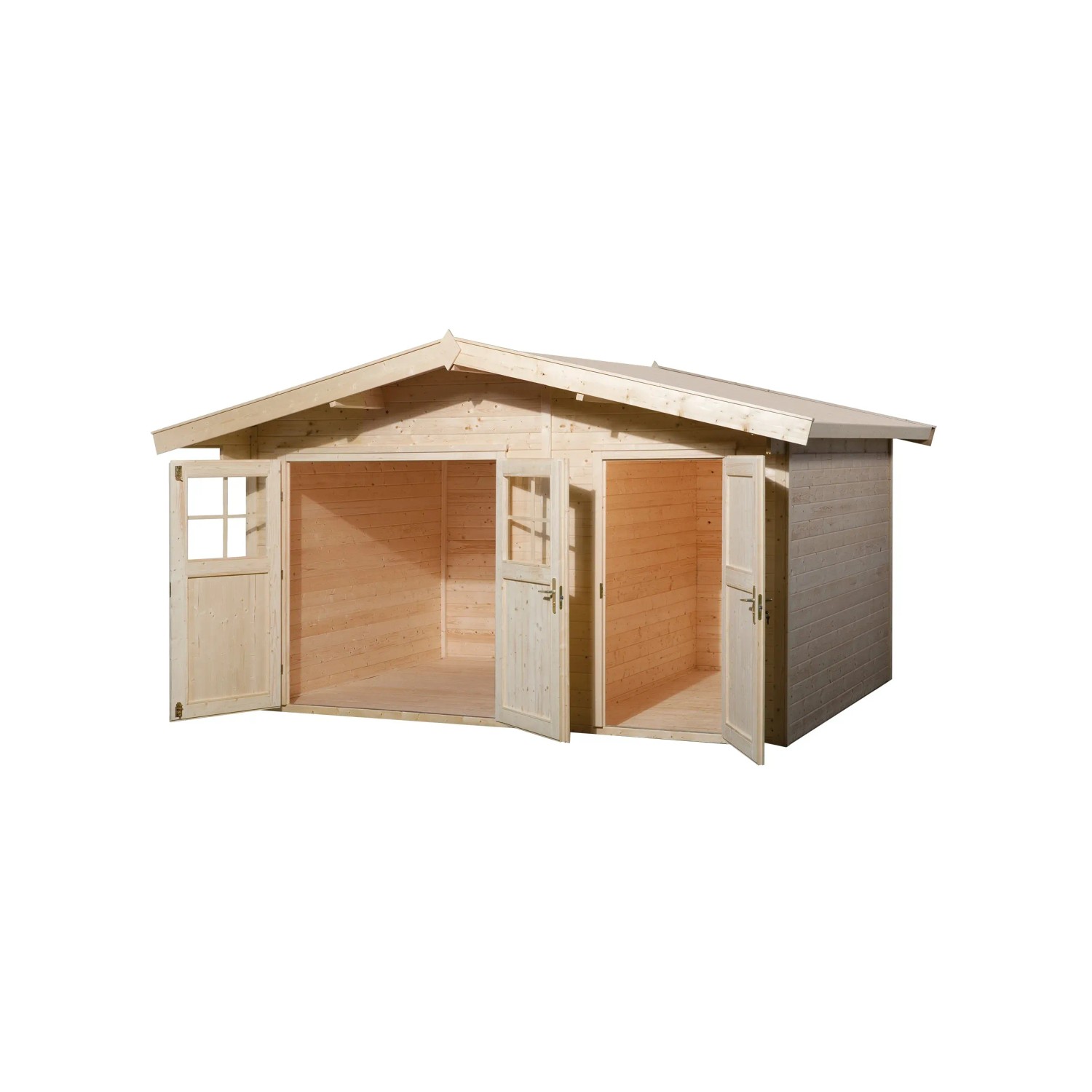 Unbehandeltes Weka Holz-Gartenhaus Lago mit Satteldach und geöffneten Türen.