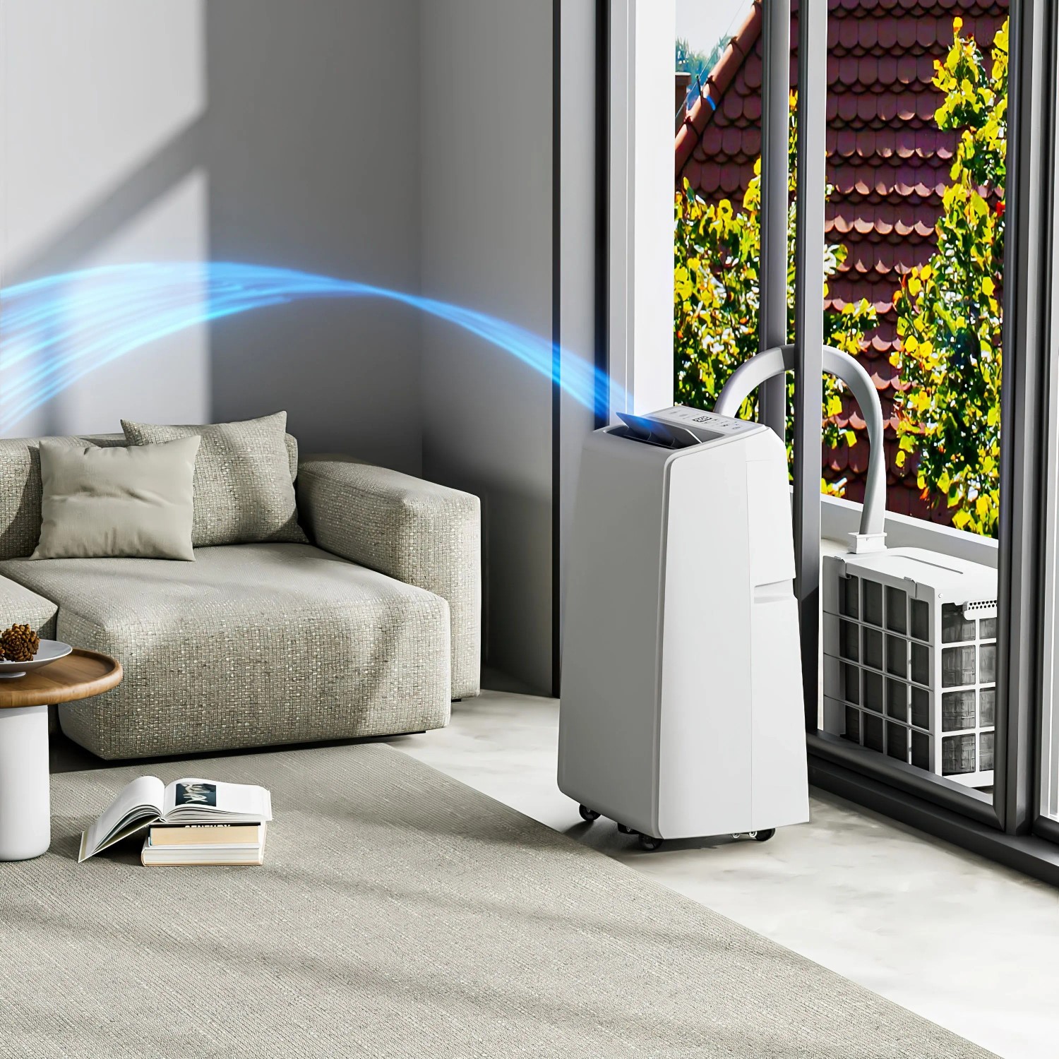 Mobile Klimaanlage FM-SOLAR 12.000 BTU mit WiFi in modernem Wohnraum.