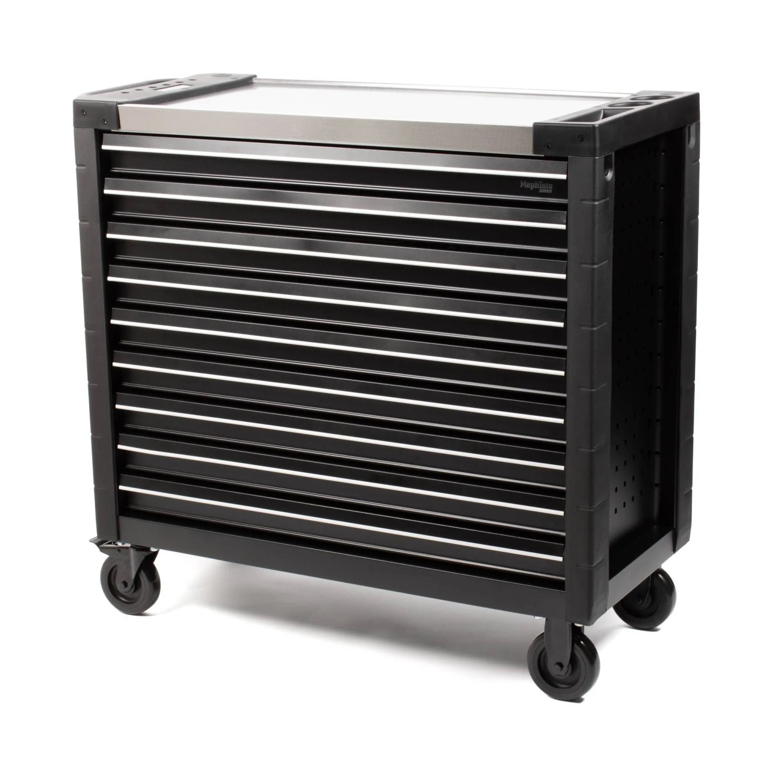 Schwarzer Mephisto Werkzeugwagen Pro-Line mit 9 Schubfächern und Edelstahl-Arbeitsplatte.