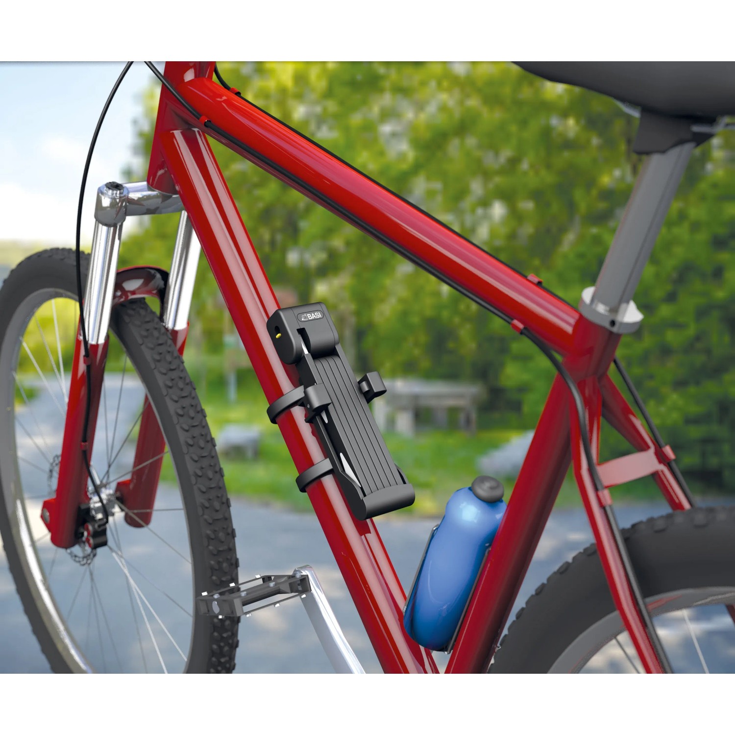 Basi Faltschloss ZR 314 am Fahrradrahmen befestigt. Das Fahrradschloss ist schwarz und mit Kunststoff ummantelt.