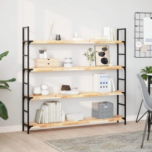 Regal mit vier Akazienholz-Regalböden und schwarzem Metallgestell, dekoriert mit Büchern und Deko.