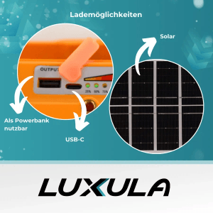 LUXULA Baustrahler: Details zu Solarpanel, USB-C und Powerbank-Funktion des Akku-Baustrahlers.