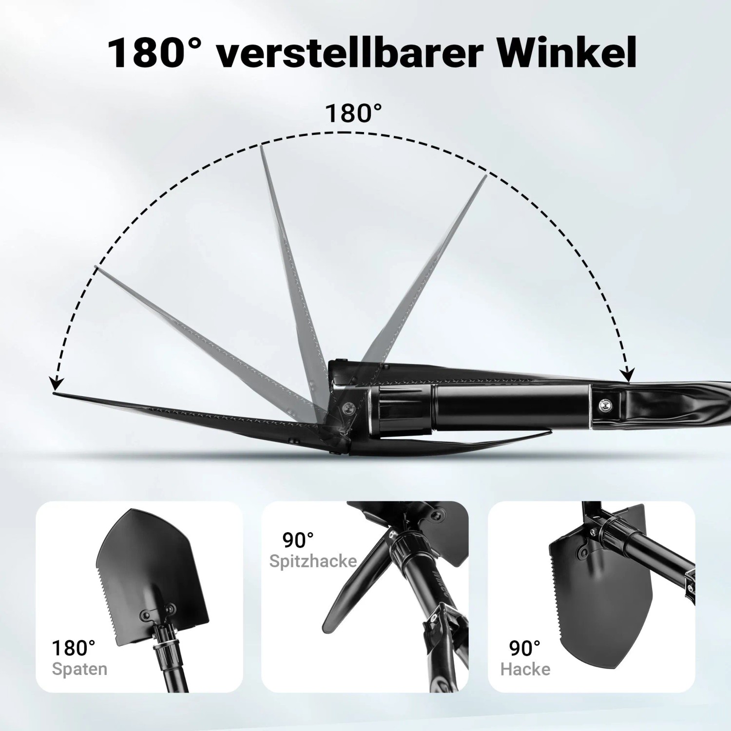 Wiltec Klappspaten, schwarz, zeigt 180° verstellbaren Winkel für Spaten, Hacke und Spitzhacke. Multifunktions Outdoor-Werkzeug.