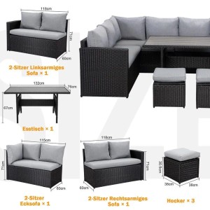 Schwarzes MeXo XXL Gartenlounge Set aus Polyrattan mit Esstisch für 8 Personen.