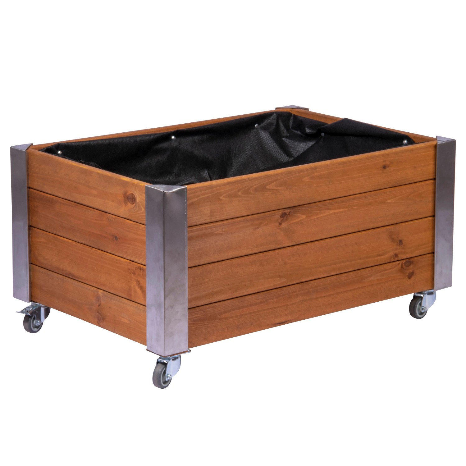 Braunes Dobar Hochbeet Rollfi aus Holz mit Rollen und Metallecken.