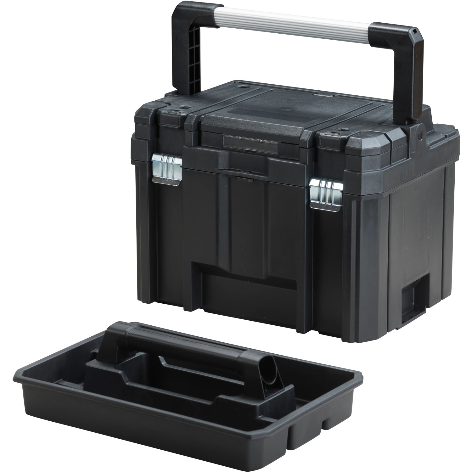 Schwarze Stanley FatMax Tstak Werkzeugbox mit Tragegriff und Organizer-Einsatz.