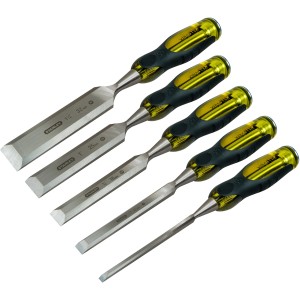 Stanley FatMax Stechbeitel Set, 5-teilig: Stechbeitel in verschiedenen Größen mit gelb-schwarzen Griffen.