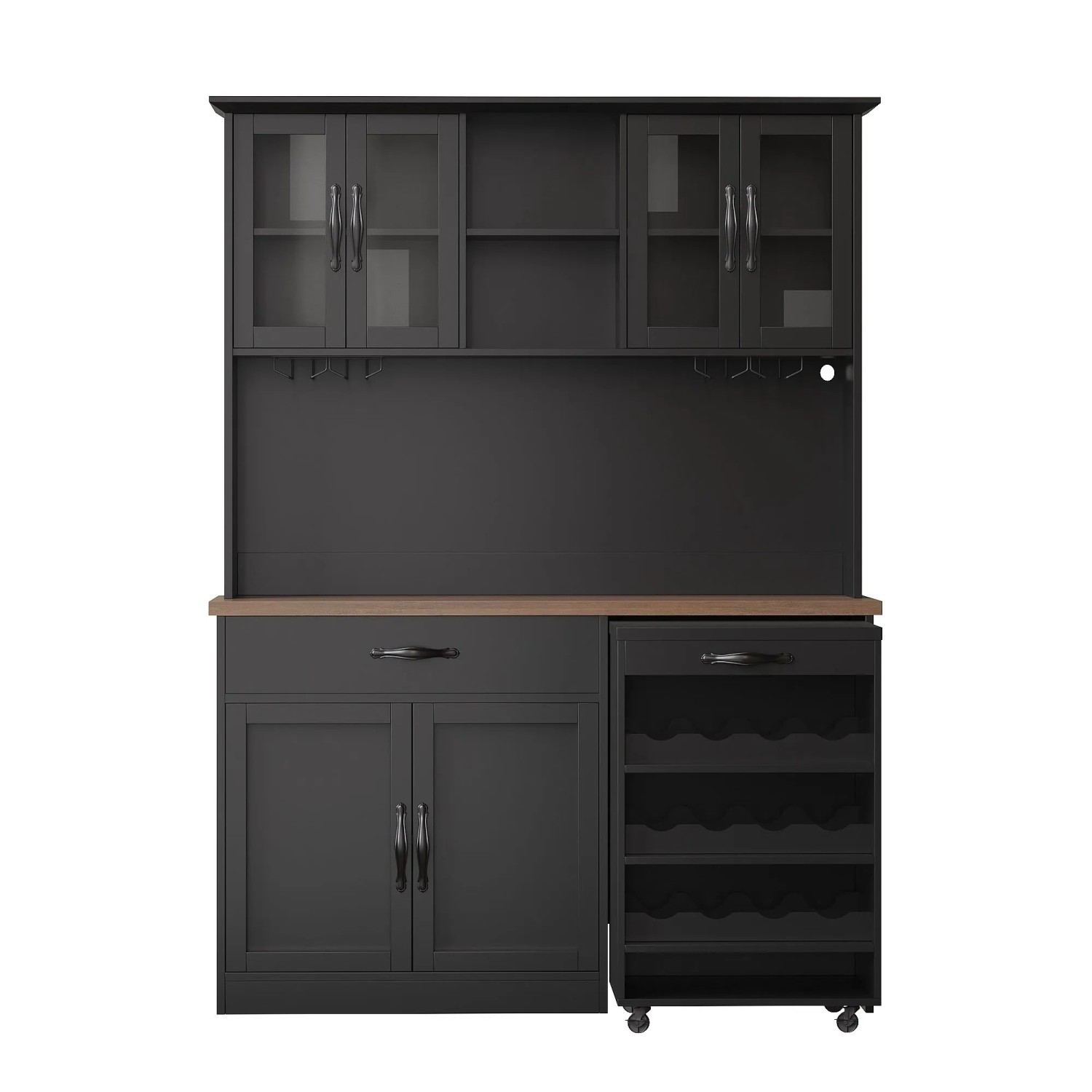 okwish Küchenschrank mit Rollwagen LED Beleuchtung Weinregal Küche 140x38x180cm Schwarz