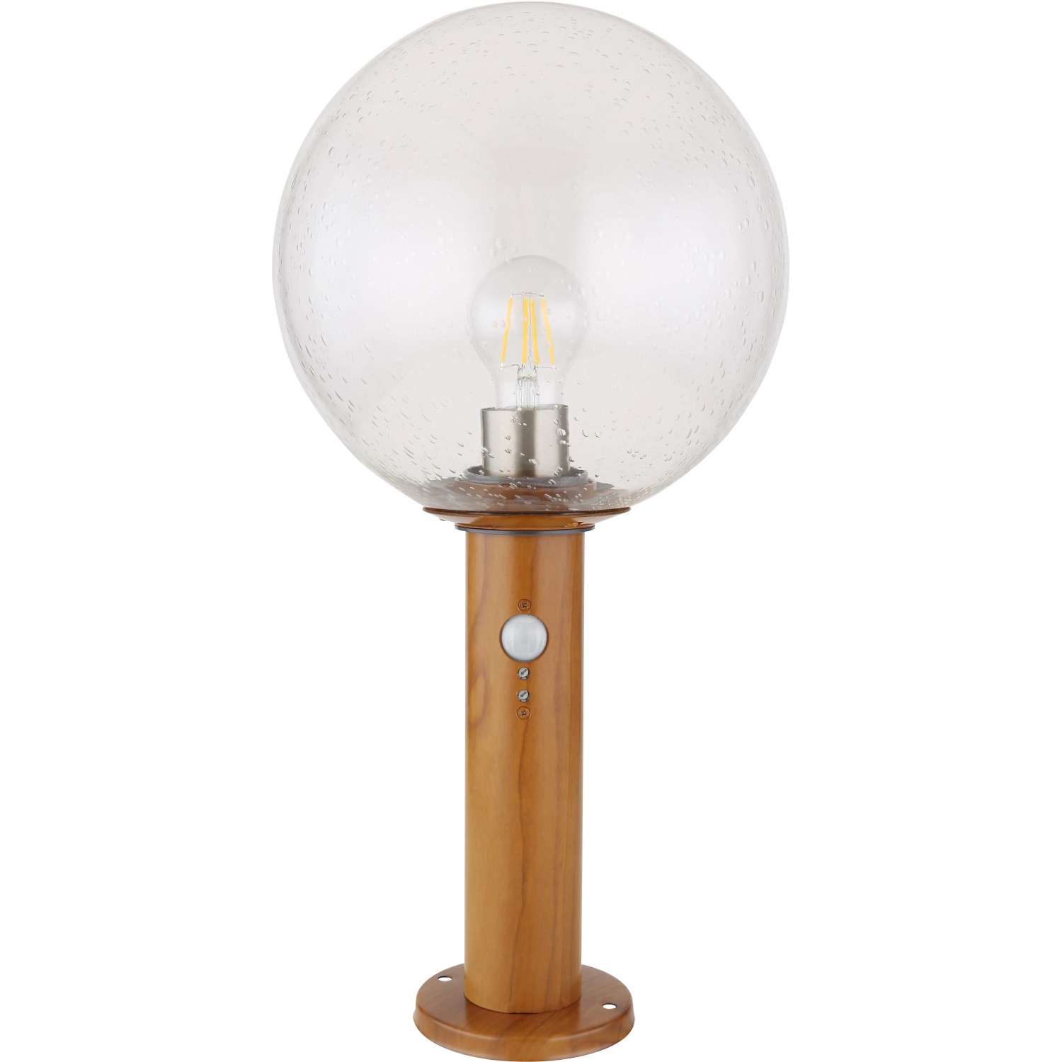 Globo Außenleuchte Ossy mit Bewegungsmelder, Holzoptik, 250x500mm. Sockelleuchte mit klarem Glas.