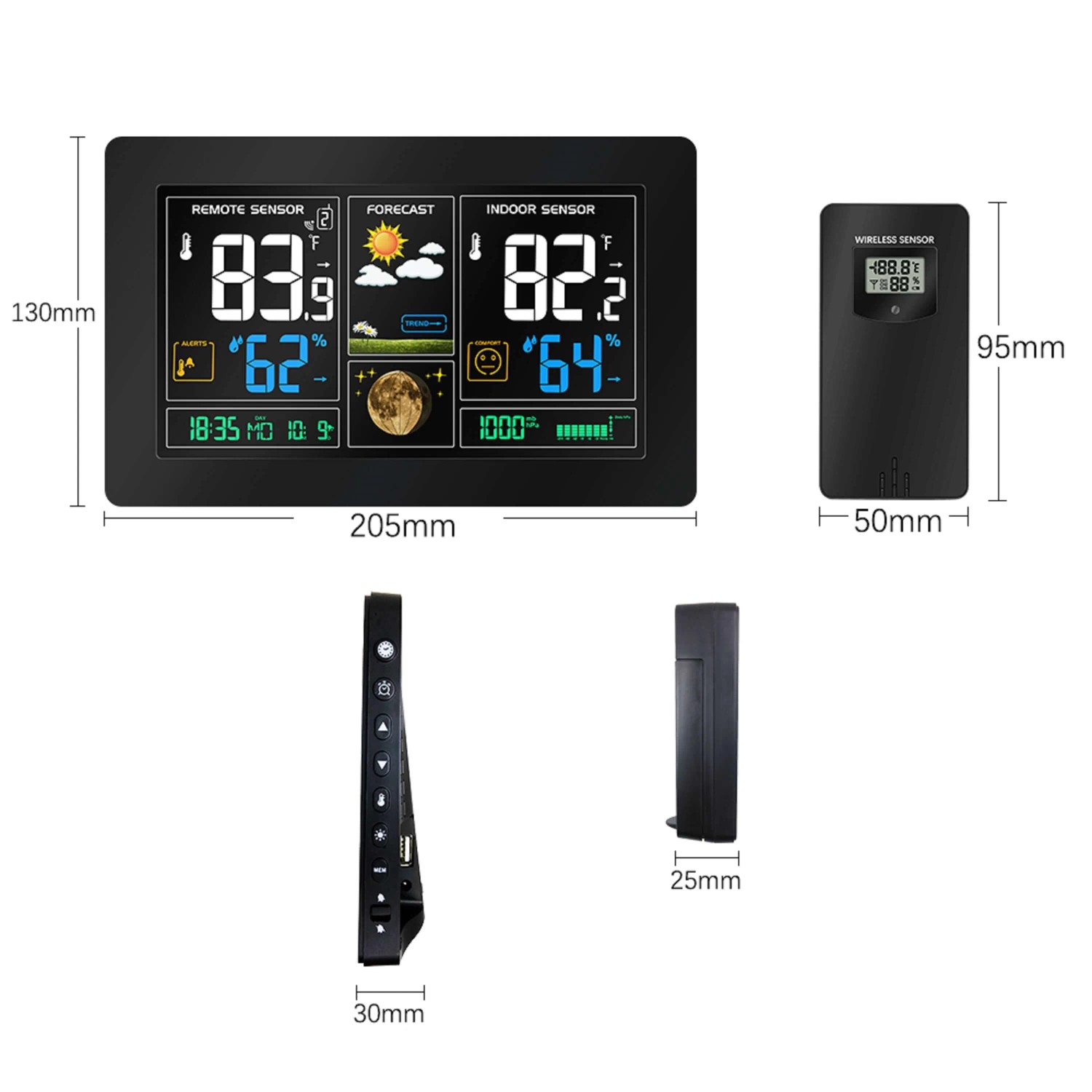 Echos Eco-450 Funkwetterstation mit Farbdisplay und Außensensor. Anzeige von Temperatur, Wettervorhersage und Mondphasen.