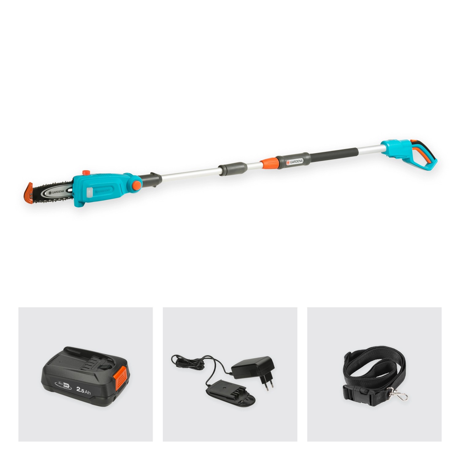Gardena Akku-Teleskop-Hochentaster Set mit Akku, Ladegerät und Tragegurt.