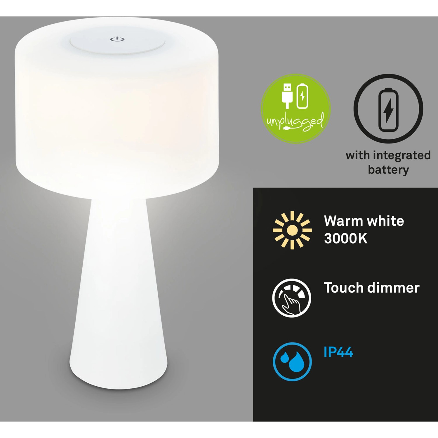 Weiße Brilo Akku-Tischleuchte (4W) für den Innen- und Außenbereich mit Touchdimmer.