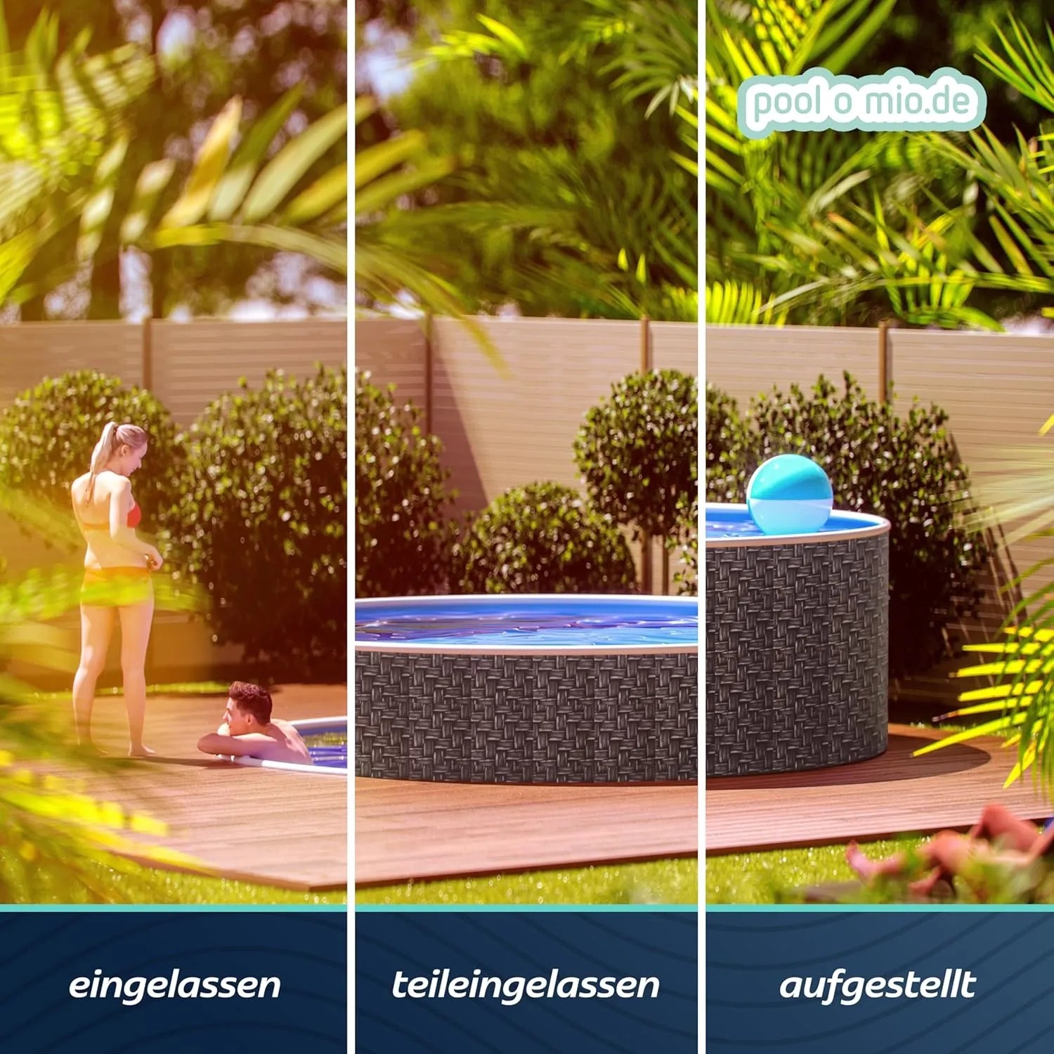Poolomio Stahlwandpool Set in Rattanoptik, verschiedene Installationsarten (eingelassen, teilversenkt, aufgestellt).